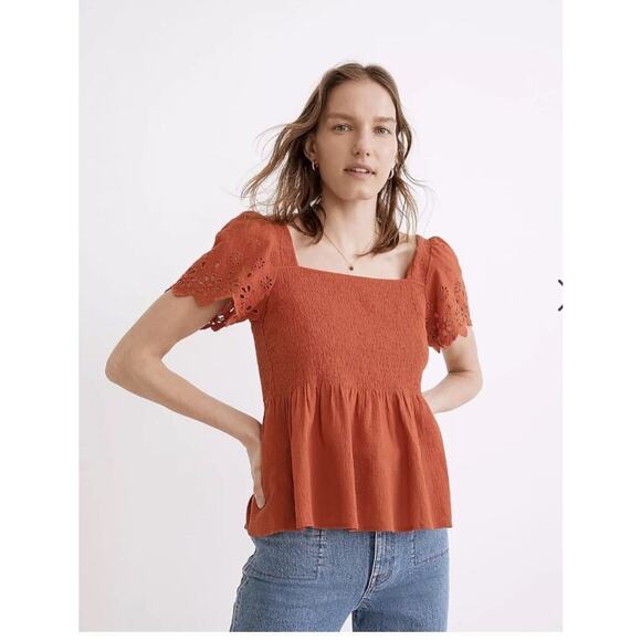 Madewell Eyelet Sleeve Lucie Smocked Peplum Blouse Size Small - Picture 1 of 6